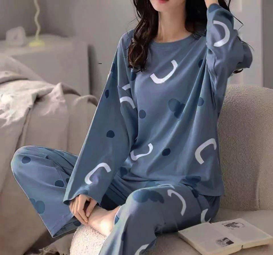 Printed Full Sleeves Printed Cotton Jersey Ladies Sleep Dress Night Wear with Shirt and Trouser (Complete Sleeping Suit) For Women and Girls