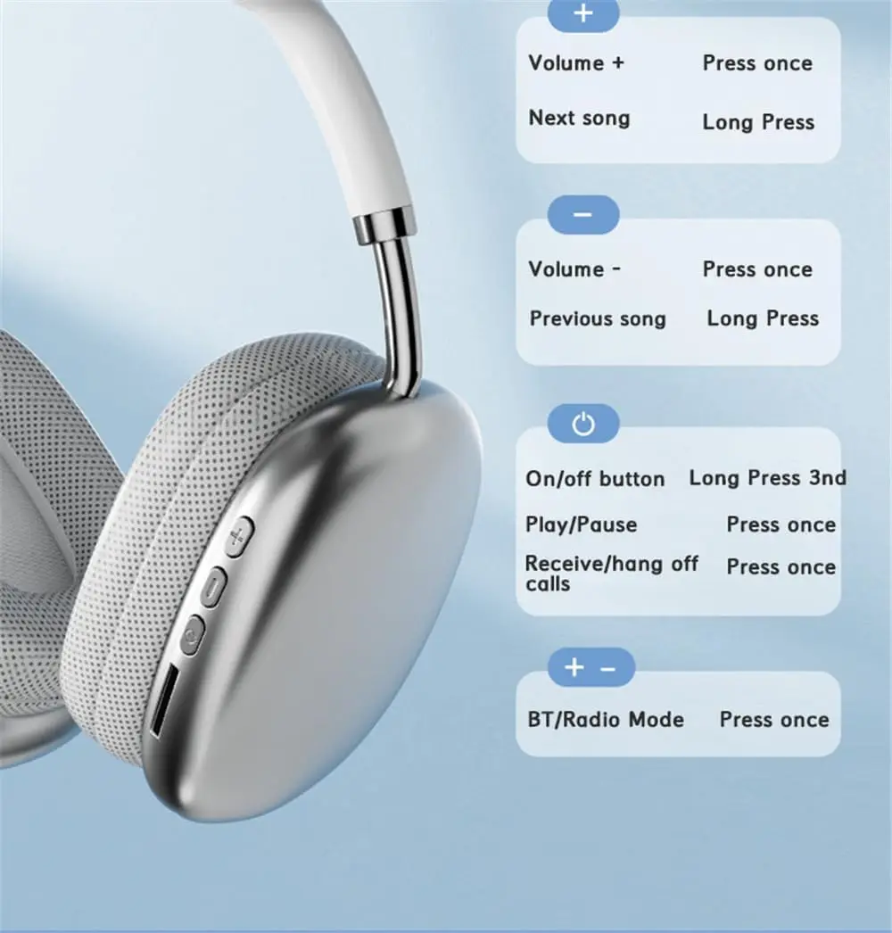 P9 Pro Max Wireless Bluetooth Headphones with Upgrade Soft Cotton Headband, Stereo Sound Over Ear Headset Sports Game Noise Cancelling Earphone Supports TF