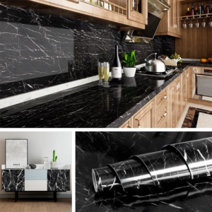 60CMx2M Self-Adhesive Black Marble Sheet | Anti-Oil & Heat Resistant Wallpaper for Kitchen (Pack of 10 Pcs )