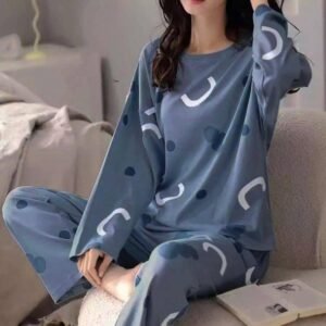 Printed Full Sleeves Printed Cotton Jersey Ladies Sleep Dress Night Wear with Shirt and Trouser (Complete Sleeping Suit) For Women and Girls