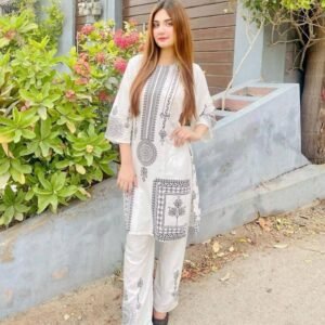 2Pcs Women's Stitched Linen Printed Suit