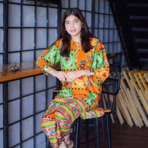 2Pcs Girls Stitched Linen Printed Suit