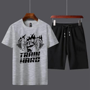 Train Hard Printed Tracksuit with Gym Shorts – Cotton T-Shirt and Black Shorts for Men and Boys